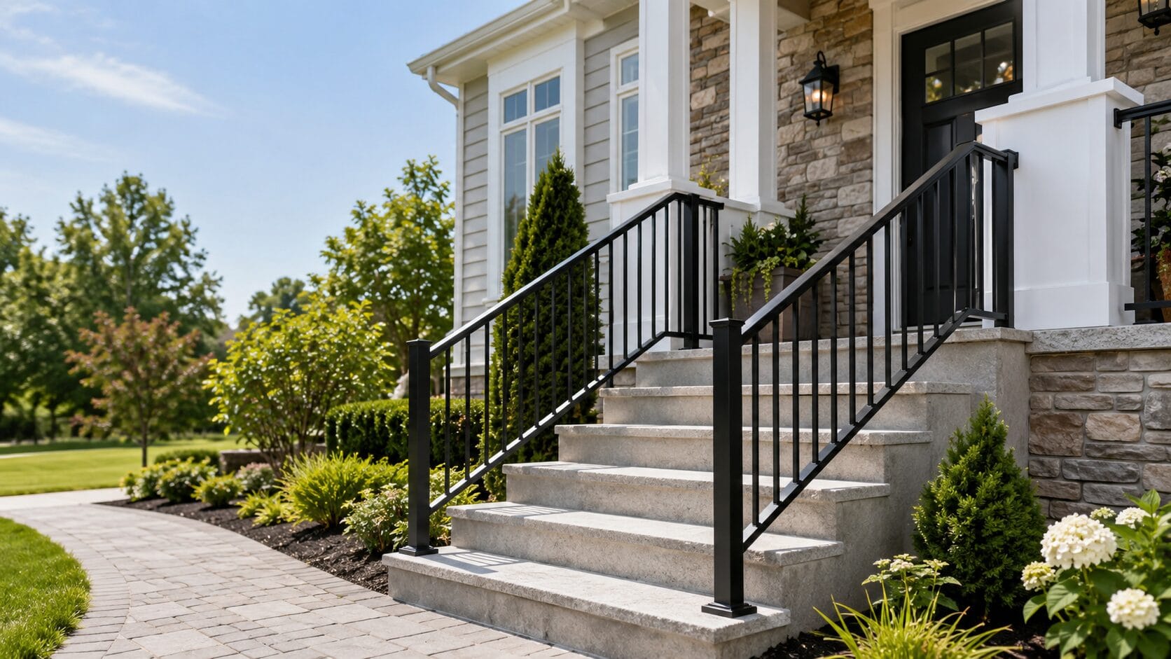 Metal stair railing New Jersey installation on front exterior steps of a residential home