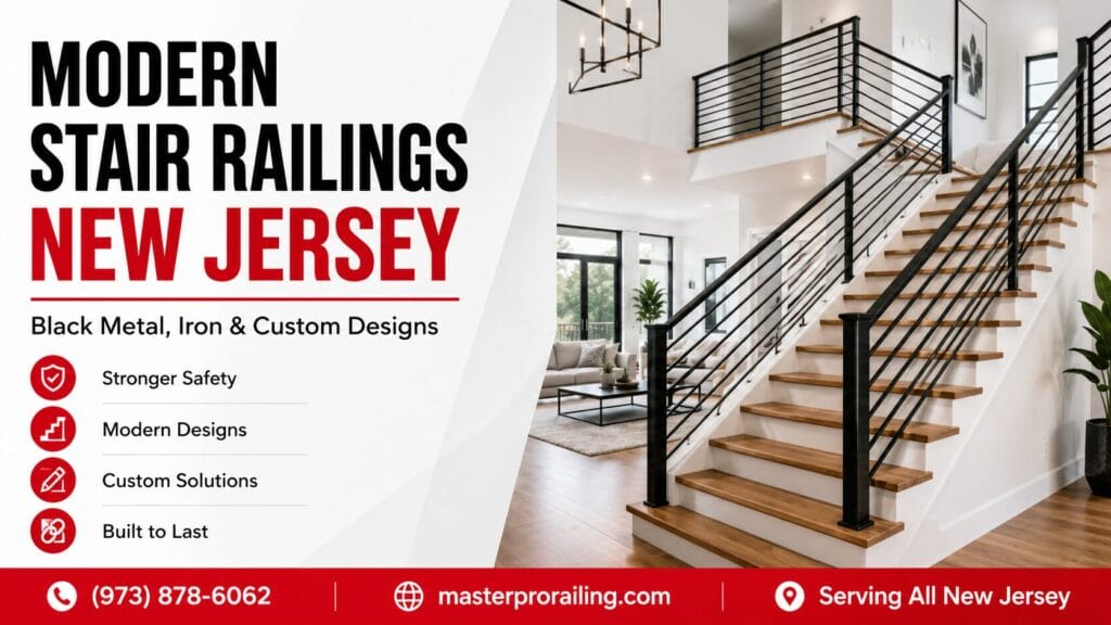 Modern stair railings New Jersey black metal stair railing installation by Master Pro Railing