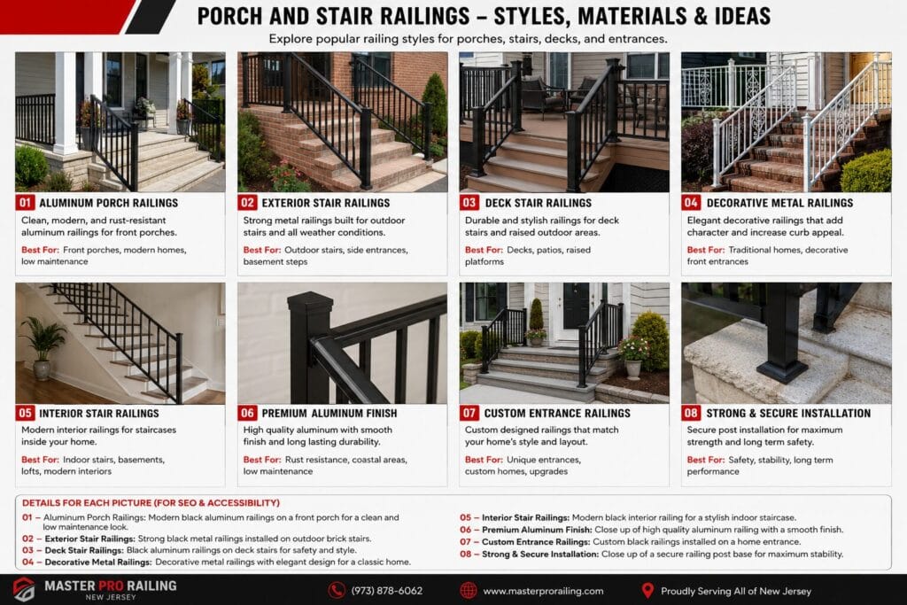 Porch and stair railings in New Jersey including aluminum porch railings, exterior stair railings, deck stair railings, and custom metal railings by Master Pro Railing