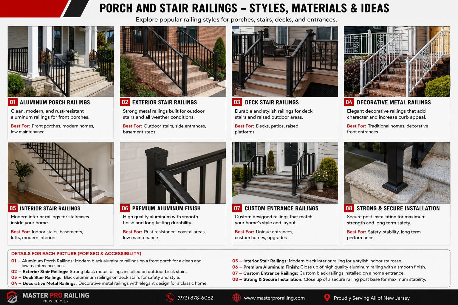 Porch and stair railings in New Jersey including aluminum porch railings, exterior stair railings, deck stair railings, and custom metal railings by Master Pro Railing
