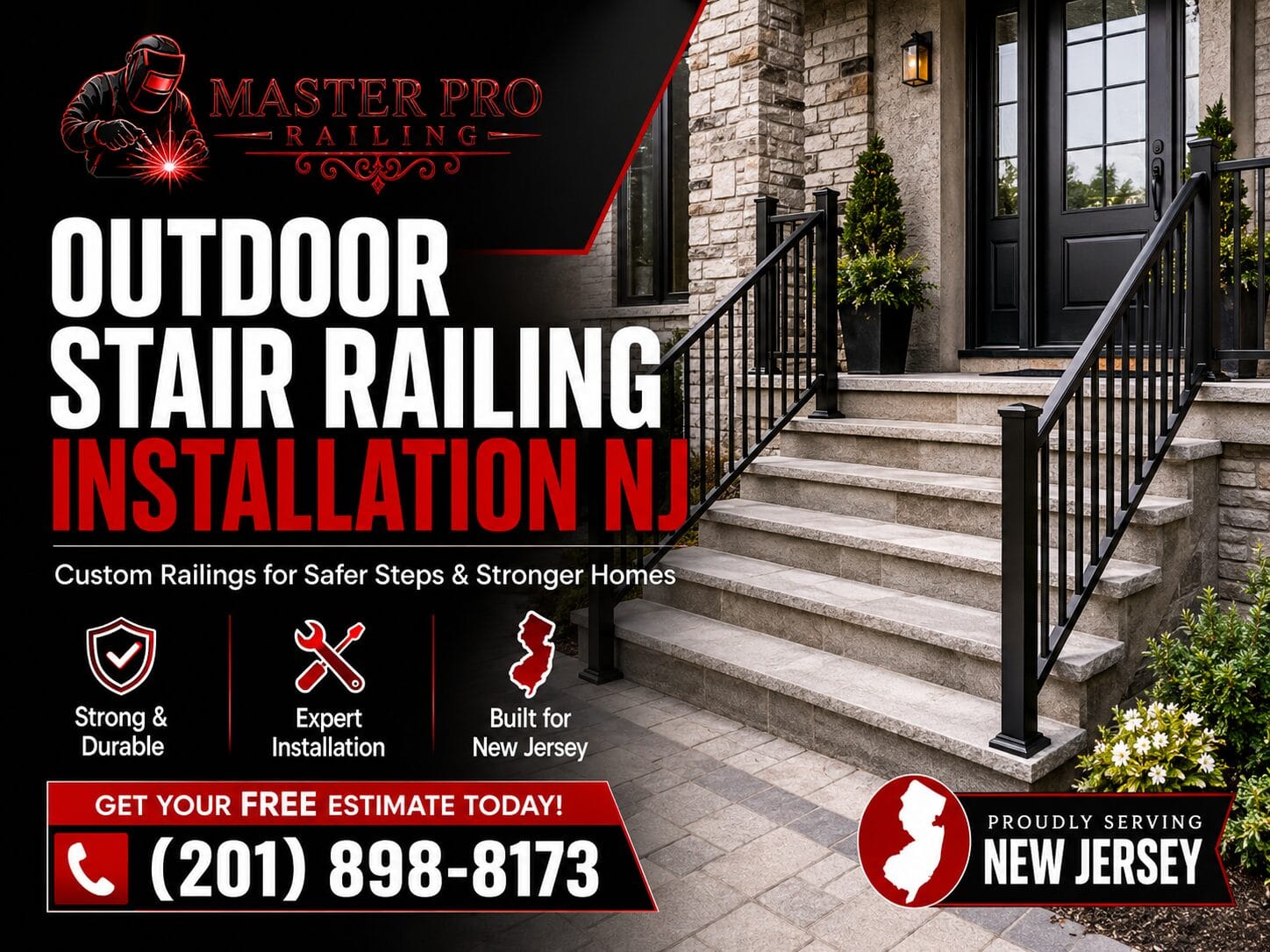 outdoor stair railing installation NJ for front steps by Master Pro Railing